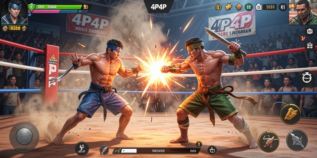 Gameplay seru 4P4P dengan pertarungan intens di arena.
