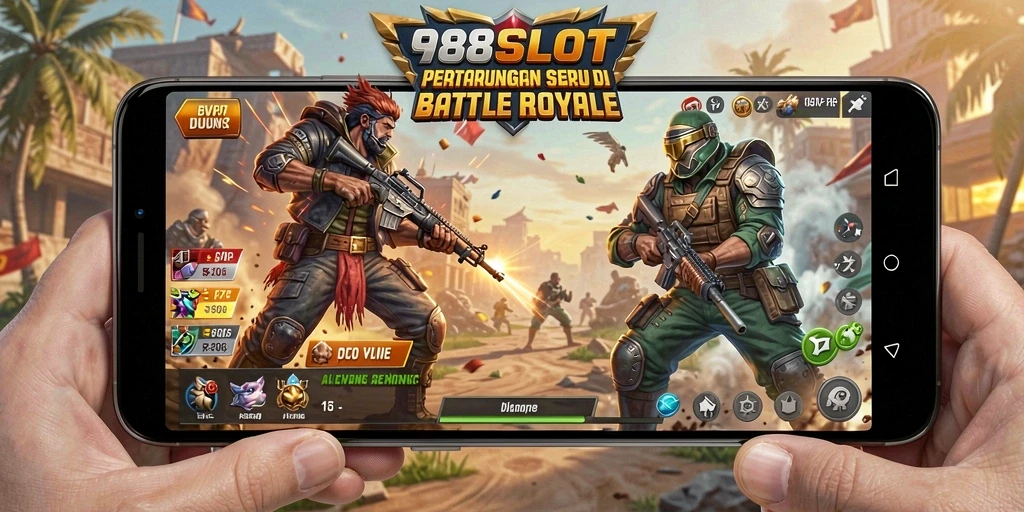 Screenshot 988SLOT menampilkan pertarungan seru di arena Battle Royale.